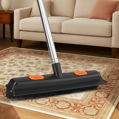 FUNNSOO Rubber Broom with Squeegee for Pet Hair Removal, 52" Adjustable Carpet Rake, Reusable Floor & Carpet Cleaning Tool, Includes Microfiber Cloth and Pet Hair Comb