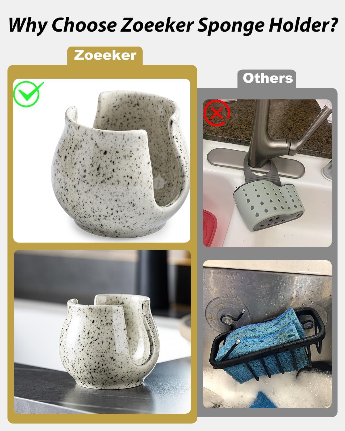 Zoeeker Sponge Holder for Kitchen Sink, Ceramic Dish Sponge Dish Rack Scrubby Caddy Kitchen Organizer Cute Sink Caddy Organizer, Farmhouse Decor, Speckled Glaze