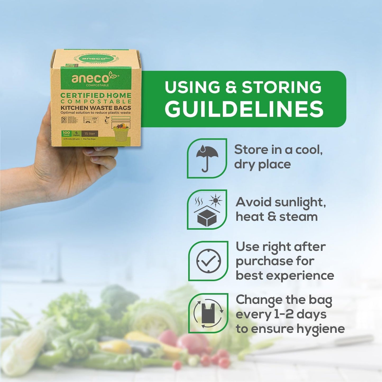 (Include 10 Bonus Bags) ANECO 100% Compostable Waste Bags 2.6 Gallon, Extra Thick Kitchen Small Compost Bags for Countertop Bin, 110 Count (100 + 10 Extra)