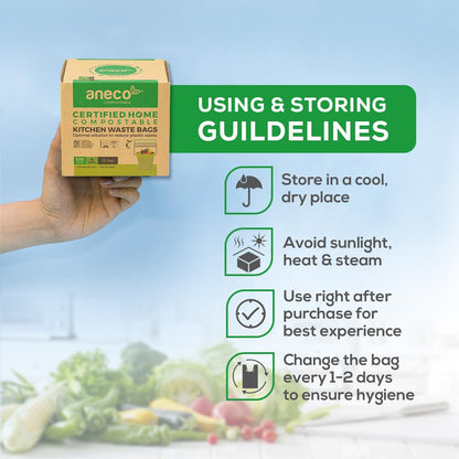 (Include 10 Bonus Bags) ANECO 100% Compostable Waste Bags 2.6 Gallon, Extra Thick Kitchen Small Compost Bags for Countertop Bin, 110 Count (100 + 10 Extra)