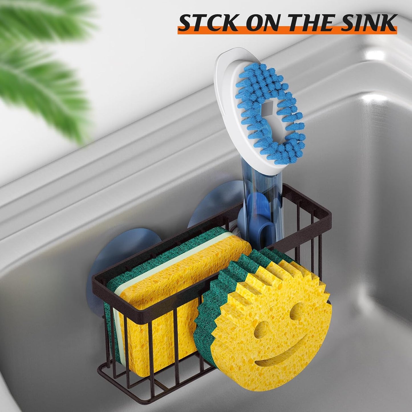 MURLONG Sponge Holder Smiley Face, Sink Caddy for kitchen Sink, Kitchen Organizer Sponge Holder with 2 PCS Suction Cups/1 PCS Adhesive Strips, Designed for Sponge, Soap, Dish brush, Scrubber-Black