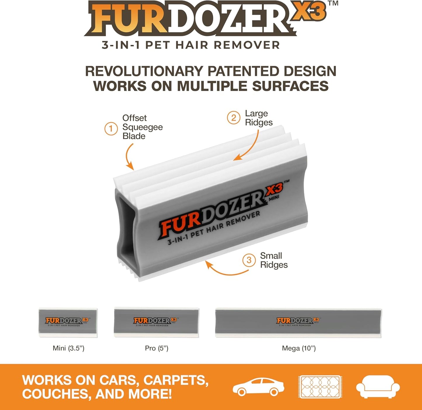 FurDozer Pet Hair Remover & Auto Detailing Tools - Cat & Dog Hair Remover for Carpets, Car Interiors, Couches, Bedding, & Pet Furniture (Gray, X3 PRO - 5" Long)