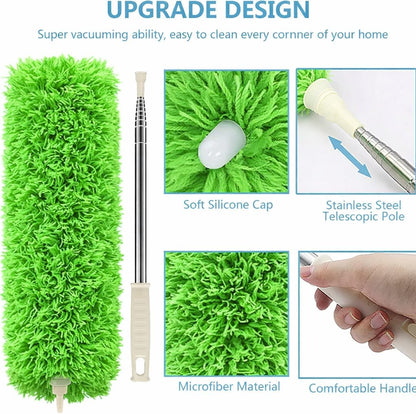 Microfiber Duster with Extension Pole(Stainless Steel) 30 to 100'', with Bendable Head, Extendable Long Duster for Cleaning Ceiling Fan, High Ceiling, Keyboard, Furniture Cars Gray