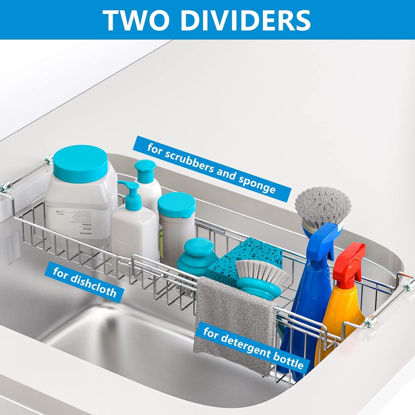 Dish Stands, Over The Kitchen Sink Caddy Sponge Holder Organizer Drying Rack Expandable for Sponge Brush Soap Dish Cloth Rag Smaller 12.25" to 17.25", Stainless Steel
