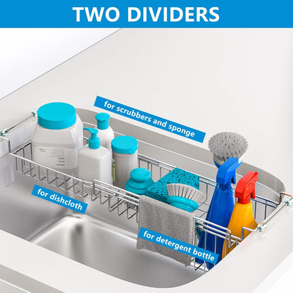 Dish Stands, Over The Kitchen Sink Caddy Sponge Holder Organizer Drying Rack Expandable for Sponge Brush Soap Dish Cloth Rag Smaller 12.25" to 17.25", Stainless Steel