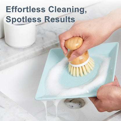 ONEMORE Bamboo Dish Brush with Ceramic Foaming Base, Kitchen Sink Scrub Brush Set with Spring and Mesh Insert, Wooden Handle Dishwashing Brush for Pots Pans Plates Bowls, White
