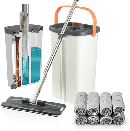 Jelymark Flat Mop and Bucket with Wringer Set, Separates Dirty and Clean Water, 3-Chamber Mop Wet and Dry Use, Not-Hands Squeeze Mops for Floor Cleaning, 4 Reusable Microfiber Mop Pads Included