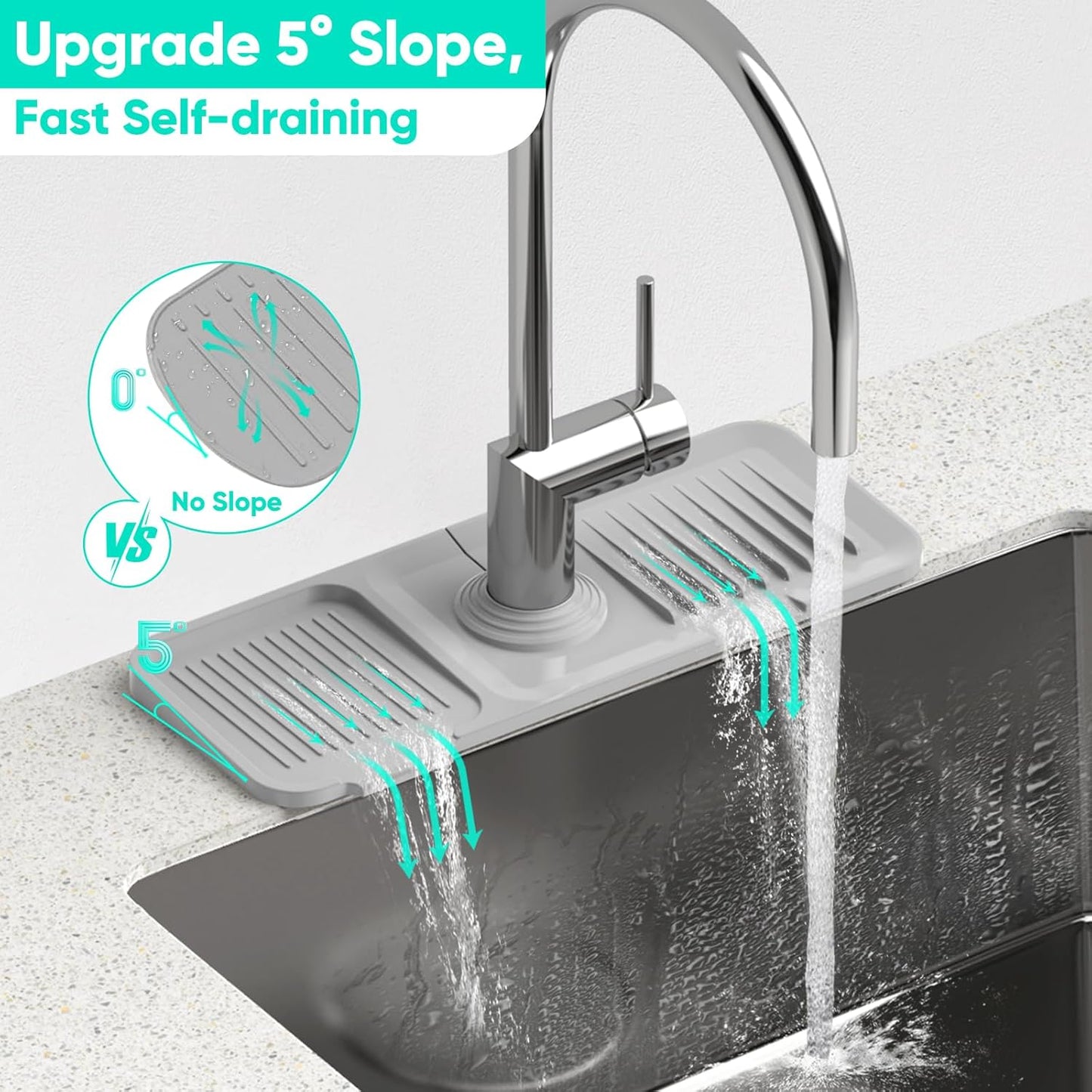 24 Inch Longer Faucet Mat for Kitchen Sink, 5° Slope Fast Self-draining, Kitchen Sink Splash Guard Silicone Sink Faucet Mat Splash Guard Kitchen Sink Area Tidy Splash Faucet Guard Draining Mat