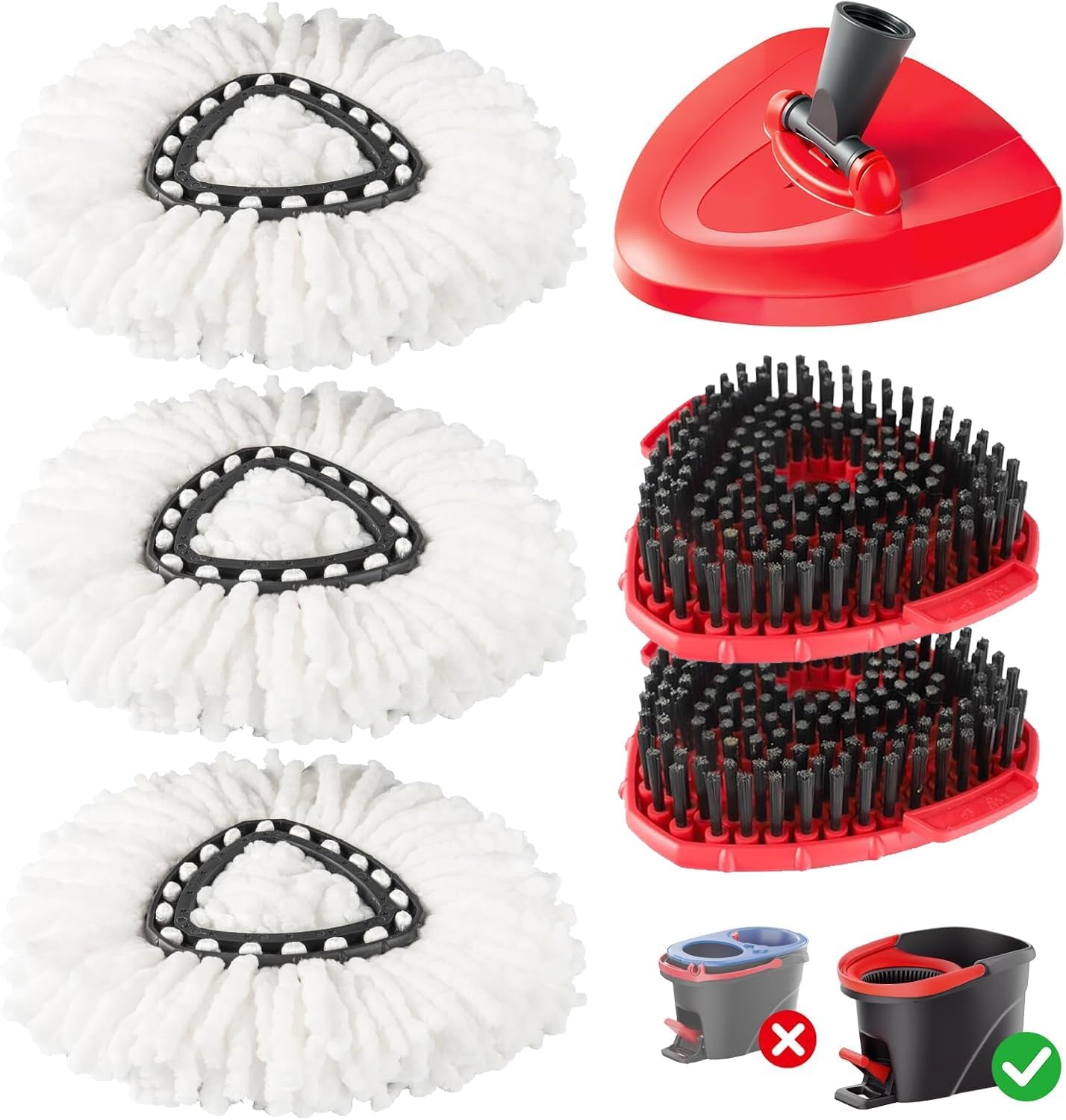 4-in-1 Mop Heads Replacements for O Cedar EasyWring 1 Tank System, Includes 1 Base | 1 Scrub Brush Head | 2 Spin Mop Heads, Full Set Mop Replace Heads for Cleaning Home, Bathroom & Kitchen