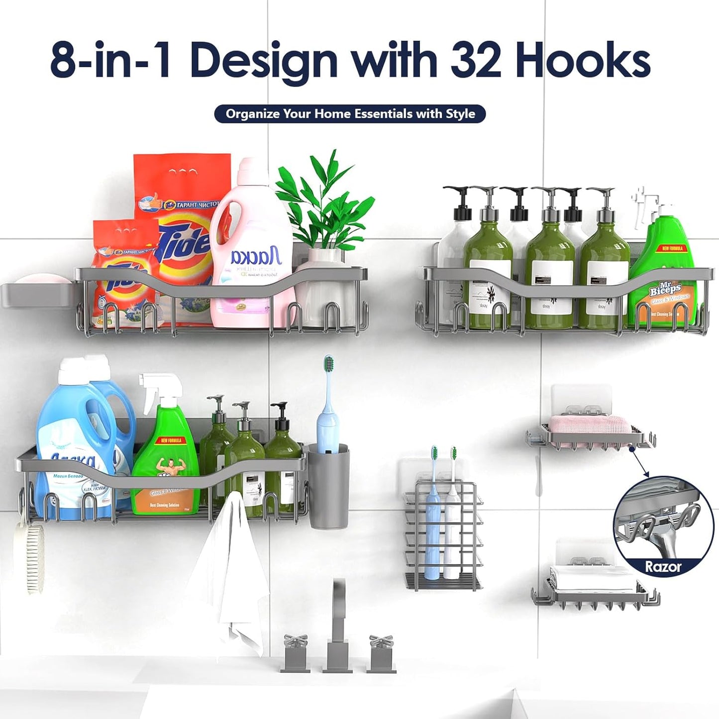 NESOMI Shower Caddy Adhesive Shower Organizer 7-Pack, Rustproof Stainless Steel Bathroom Shelves, Large Capacity No-Drill Rack Storage Accessories with Soap Dish Toothbrush Holder &24 Hooks Home Decor
