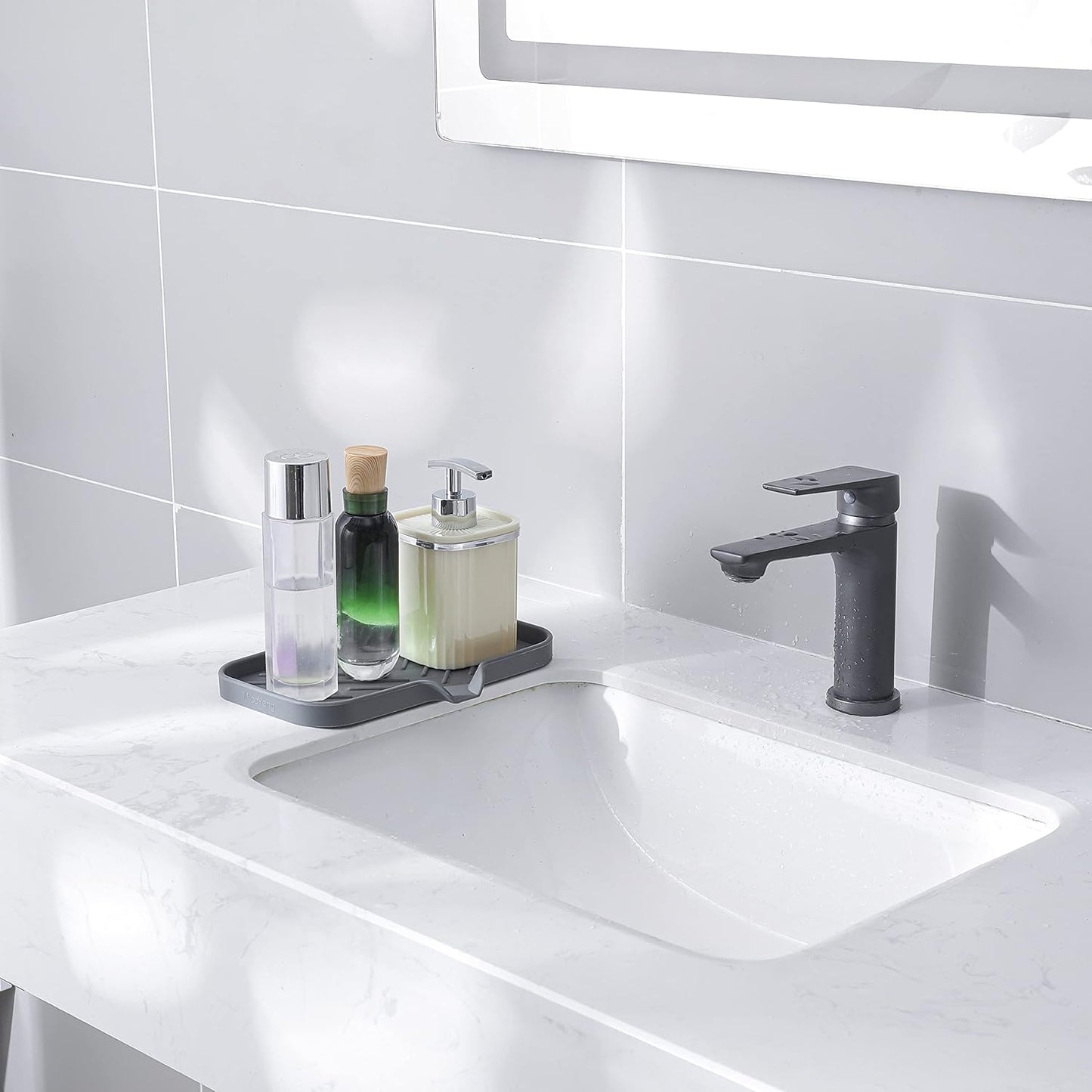 MicoYang Silicone Bathroom Soap Dishes with Drain Spout-Bathroom and Kitchen Sink Organizer,Sponge Holder,Dish Soap Tray,Perfect for Dispenser,Scrubber,Bottle,Cup on Sink or Counter-Black 4.9"×3.2"