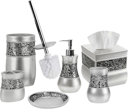 Creative Scents Crackled Glass Toilet Brush with Holder - Silver Toilet Bowl Cleaner Brush and Holder - Good Grip, Deep Cleaning, Decorative Design Compact Toilet Bowl Scrubber