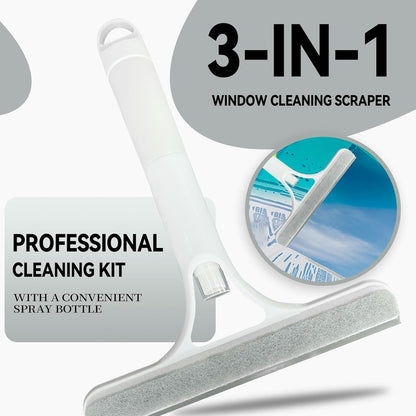 3 in 1 Window Cleaning Scraper,All-Purpose Spray Window Squeegee Cleaner Tool,for Glass Doors for Windows Glass, Mirrors Scraper, Brush (Blue)