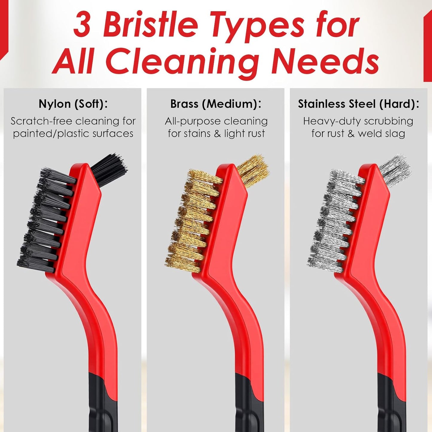 Reallnaive 50 Pcs Wire Brush Set with 20 Scrapers, Small Wire Cleaning Brush Set Stainless Steel Brass Nylon Metal Brushes with Dual Head Curved Handle Grip for Cleaning Rust Weld Slag Grout