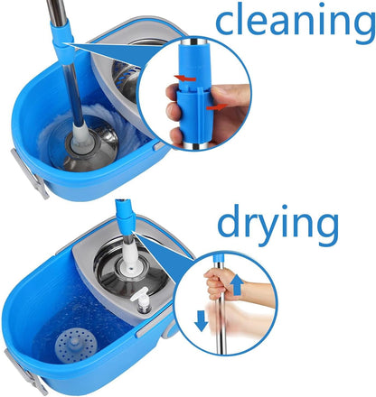 Spin Mop and Bucket with Wringer Set,for Floor Cleaning,with Floor Scrub Brush,61" Adjustable Handle and 6 Microfiber Mop Head(White)