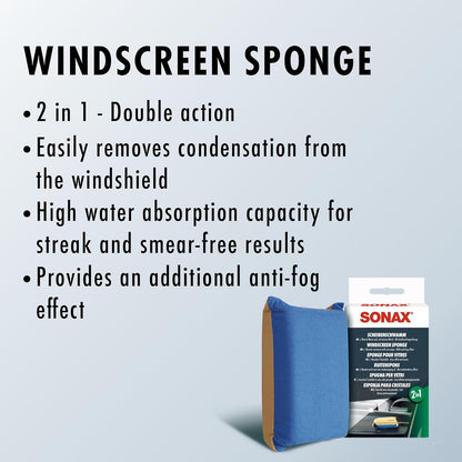SONAX Windscreen Sponge 417100 | Dual Action Cleaning Sponge for Streak Free Glass | Easily Removes Dirt Fog and Condensation from Windshields Windows and Mirrors | Compact and Reusable