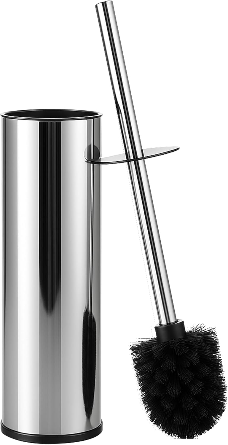 BGL Stainless Steel Toilet Brush with Holder, 2 Black Bristle Heads