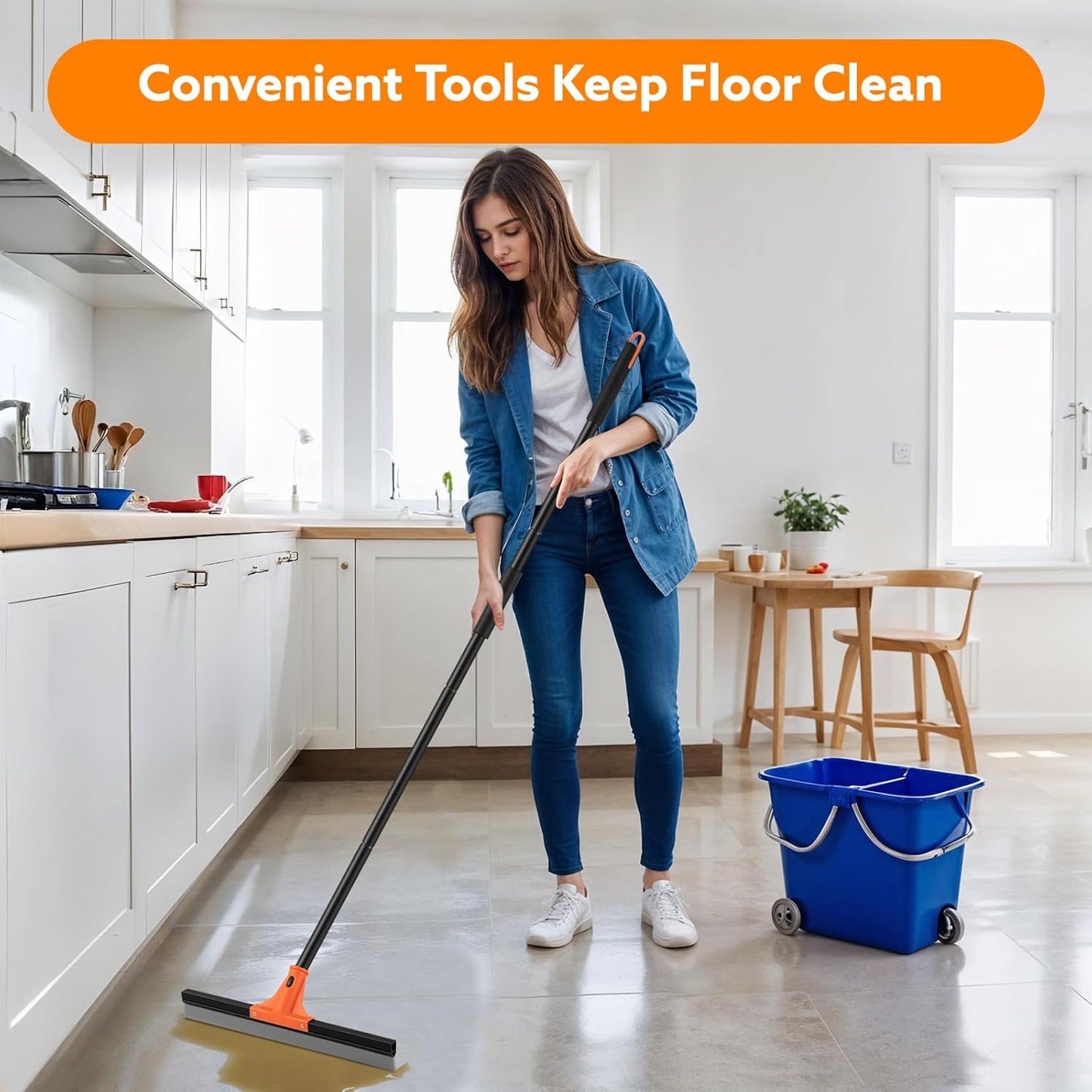wlich Floor Squeegee Heavy Duty, 17 Inch Rubber Blade, 60 Inch Long Aluminum Handle, Multipurpose Cleaning Squeegee for Garage, Tile, Deck, Bathroom, Window, Glass