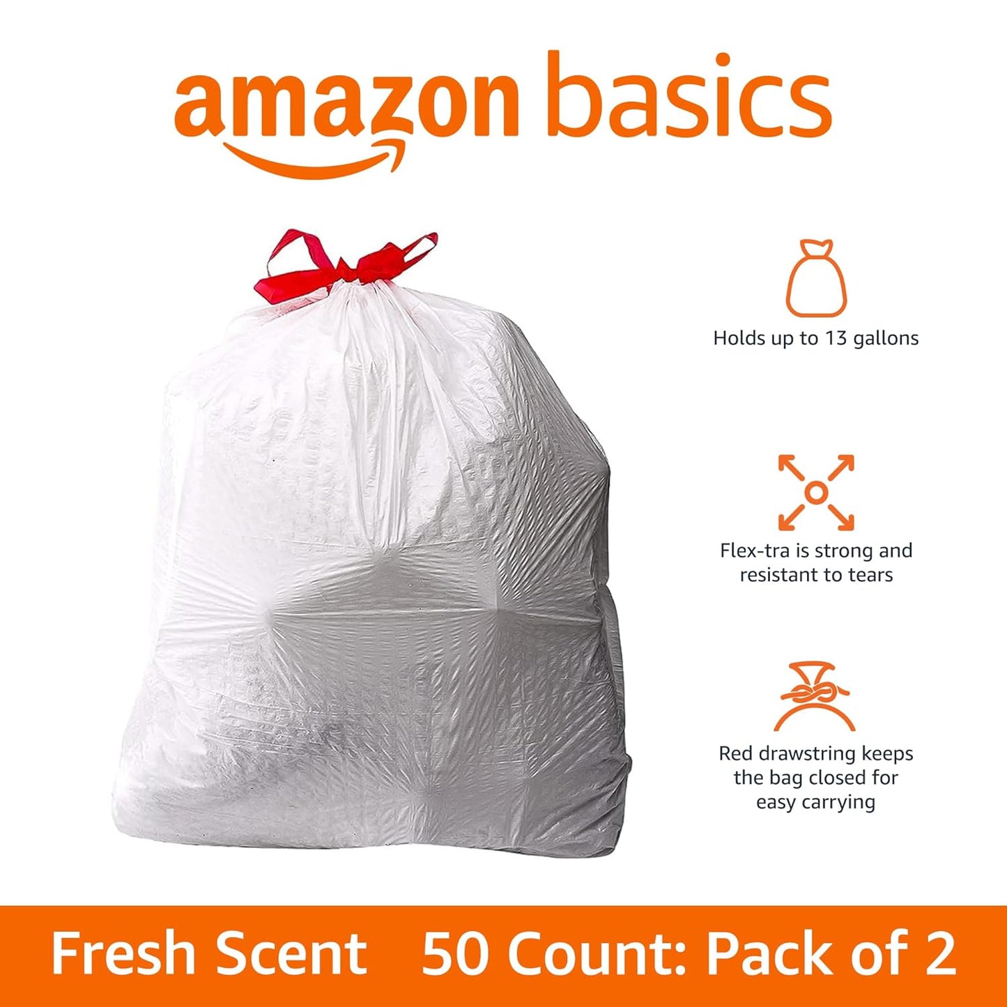 Amazon Basics Flextra Strength Tall Kitchen Drawstring Trash Bags, Fresh Scent, Tear Resistant, 13 Gallon, 120 Count