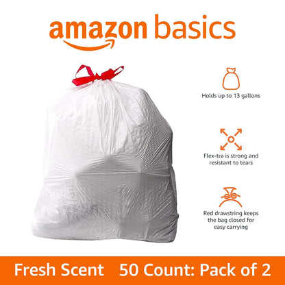 Amazon Basics Flextra Strength Tall Kitchen Drawstring Trash Bags, Fresh Scent, Tear Resistant, 13 Gallon, 120 Count