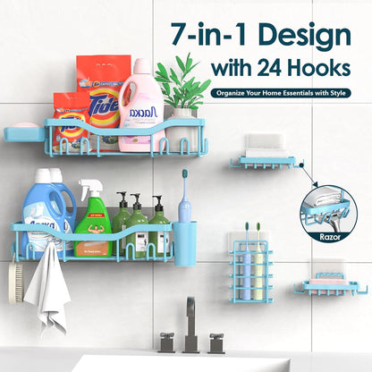 NESOMI Shower Caddy Adhesive Shower Organizer 7-Pack, Rustproof Stainless Steel Bathroom Shelves, Large Capacity No-Drill Rack Storage Accessories with Soap Dish Toothbrush Holder &24 Hooks Home Decor
