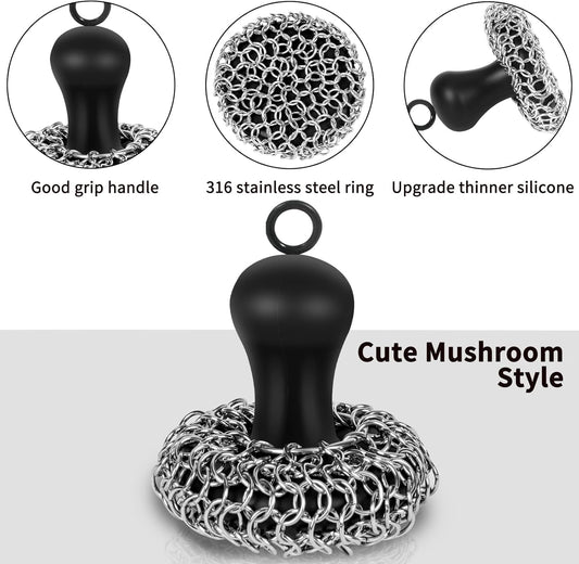 Cast Iron Cleaner Scrubber with Handle - Chain Mail Cast Iron Scrubber Brush-Chainmail Sponge Scrub Cleaning Tool to Clean Skillets, Pan,Griddle, Wok, Dutch Oven
