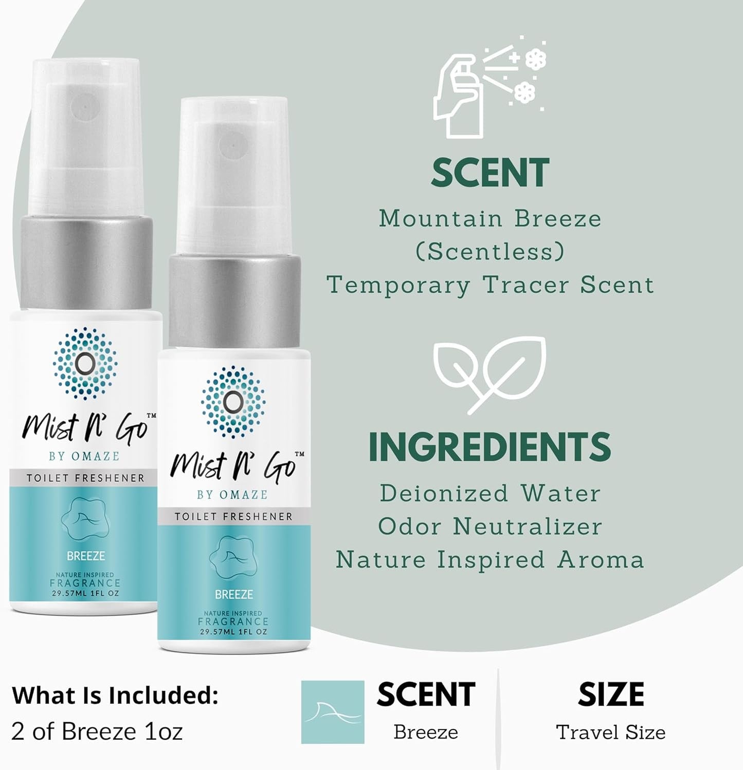 Mist N’ Go by Omaze Travel Bathroom Spray for Toilet Spray Odor Eliminator - Travel Toilet Spray for Bathroom Air Freshener Spray for Bathroom Deodorizer - Clean Mix, Travel Size (1oz x2)