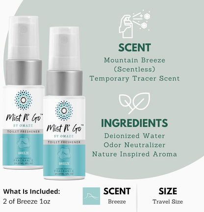 Mist N’ Go by Omaze Travel Bathroom Spray for Toilet Spray Odor Eliminator - Travel Toilet Spray for Bathroom Air Freshener Spray for Bathroom Deodorizer - Clean Mix, Travel Size (1oz x2)