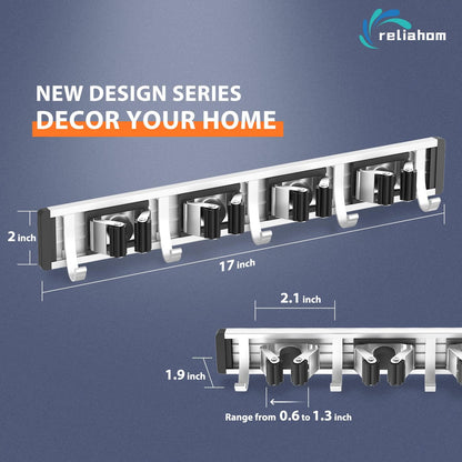 reliahom Adjustable Broom Holder Wall Mount, Mop Storage Tool Racks, Broom Hanger Tool Organizer for Garage, Kitchen, Garden, Laundry Room, 4 Racks 5 Hooks Silver