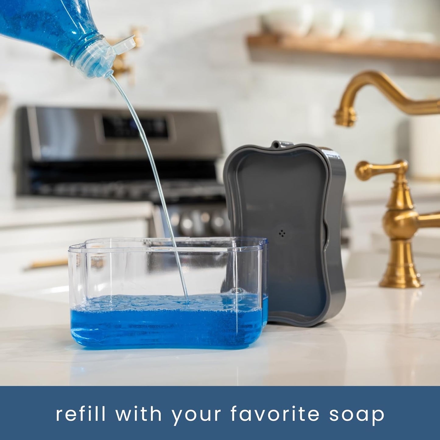 S&T INC. Dish Soap Dispenser and Sponge Holder for Kitchen Sink, Sponge Included, 13 Ounces, Metallic Silver