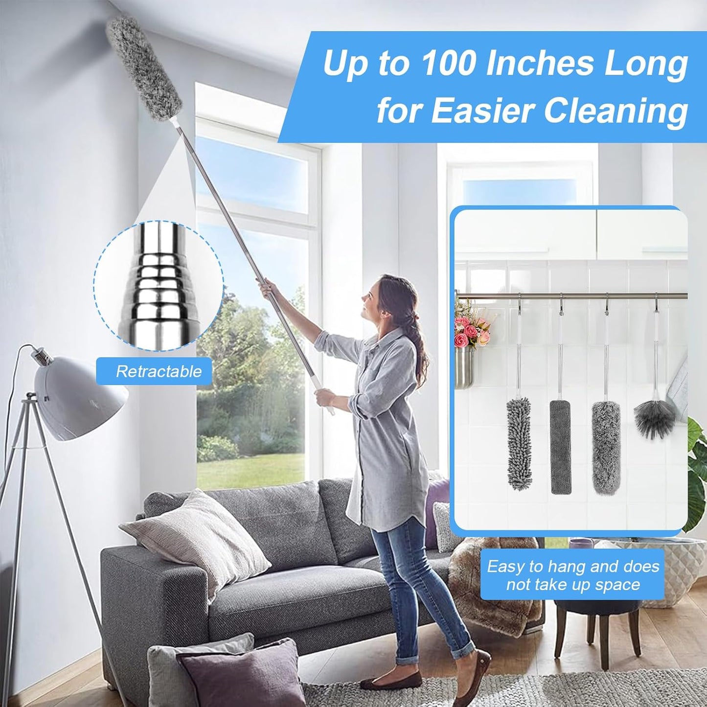 6-in-1 Duster for Cleaning Kit, Extendable Duster with Stainless Steel Pole - Microfiber, Ceiling Fan Cleaner Dusters and Chenille Dusters, Bendable Cobweb Removers for High Ceilings, Fans, Blinds