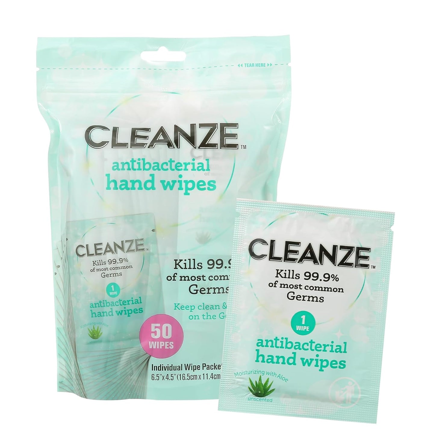 Cleanze Antibacterial Hand Sanitizing Wipes Individually Wrapped with Aloe, Unscented Disinfecting Hand Wipes for Travel and On the Go Sanitizing, Kills 99.9 Percent of Germs, 50 Count