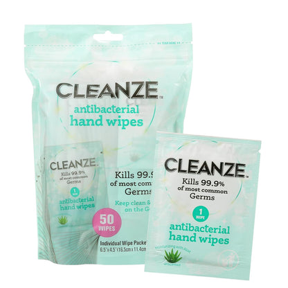 Cleanze Antibacterial Hand Sanitizing Wipes Individually Wrapped with Aloe, Unscented Disinfecting Hand Wipes for Travel and On the Go Sanitizing, Kills 99.9 Percent of Germs, 50 Count