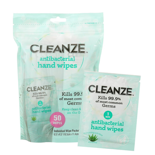 Cleanze Antibacterial Hand Sanitizing Wipes Individually Wrapped with Aloe, Unscented Disinfecting Hand Wipes for Travel and On the Go Sanitizing, Kills 99.9 Percent of Germs, 50 Count