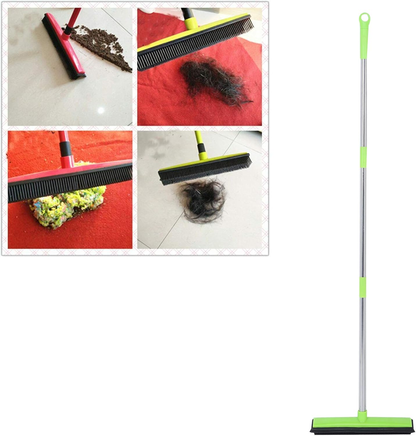 Telescopic Rubber Broom with Squeegee, Multifunction Adjustable Pet Hair Removal Carpet Rake for Fluff Rug Hardwood Floor (Black)