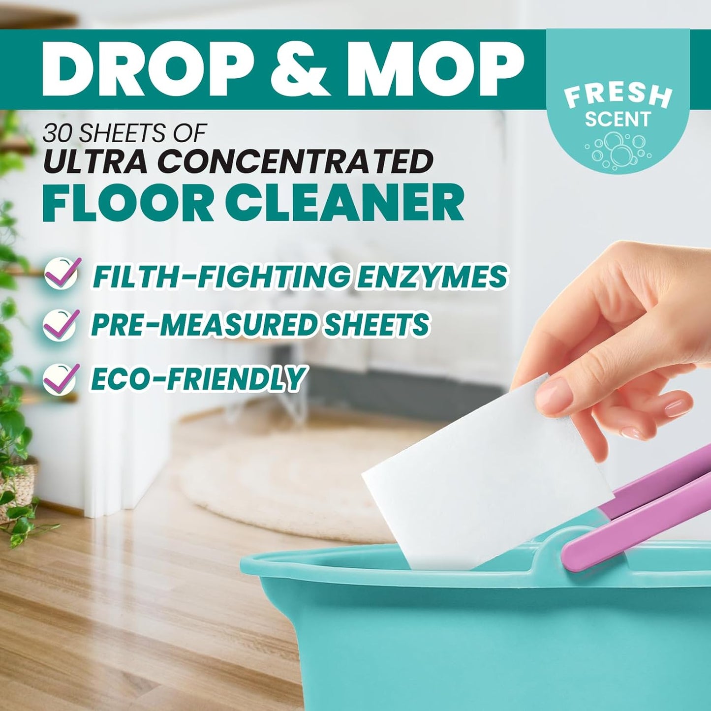 Uncle Todd's Ultra Concentrated Floor Cleaner For Mopping: 30 Natural, 100% Dissolvable Sheets for Mopping – Hardwood & Wood Floor Cleaner with Filth-Fighting Enzymes, Plastic-Free Packaging