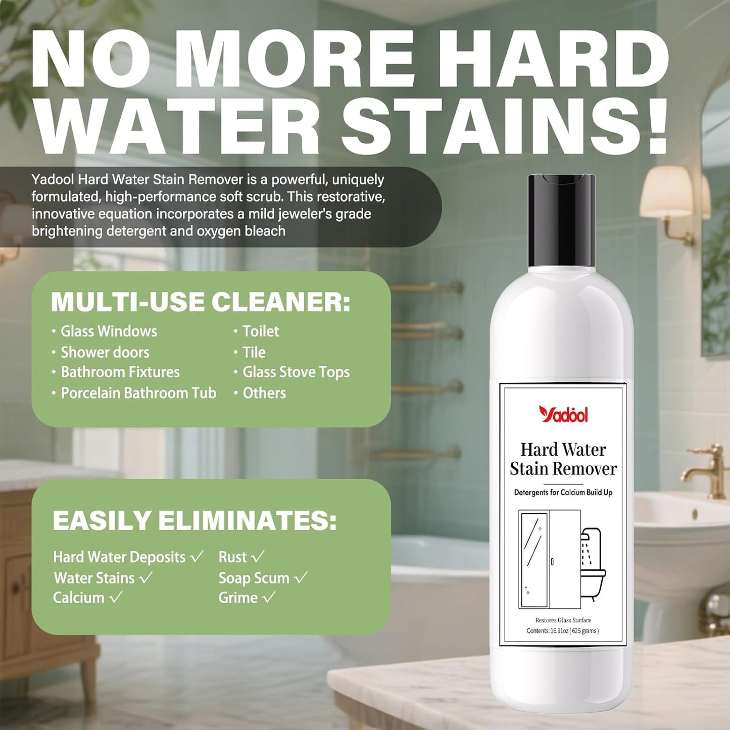 Hard Water Stain Remover, Powerful Shower Glass & Door Cleaner, Easily Removes Tough Water Spots, Lime, Calcium & Soap Scum Build Up, Ideal for Bathroom, Glass, Toilet Bowl and More - 16.91oz