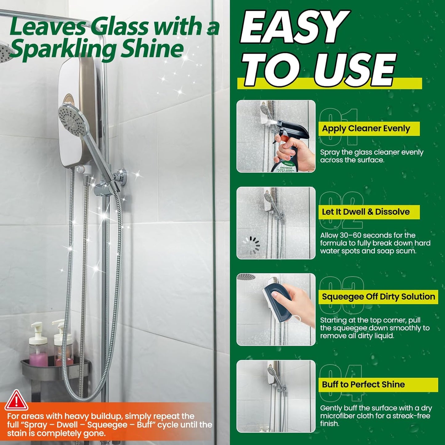 SHIELDOM Shower Glass Cleaner, Glass Window & Mirror Cleaning Hard Water Stains Remover Removes Soap Scum/Water Spot/Fingerprint/Dirt with Squeegee & Towel for a Streak-Free Shine 6.8fl oz/200ml