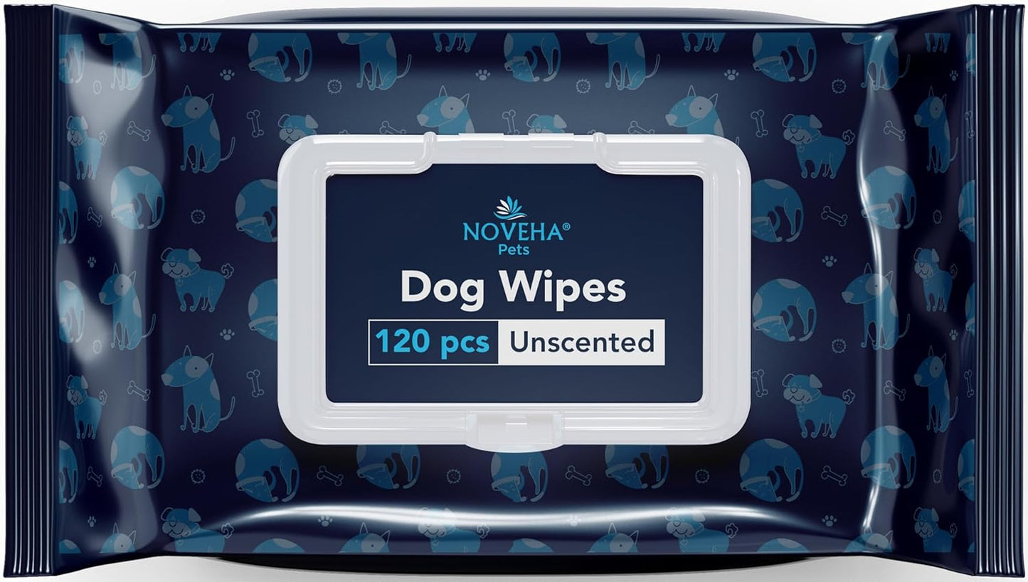 NOVEHA 120PCs XL Formulated Pet Wipes for Dogs & Cats - Safe for Facial & Finger Folds, Underarms, Groin, Hot Spots, Redness & Skin Relief, On-the-Go Size 5.5" x 7"
