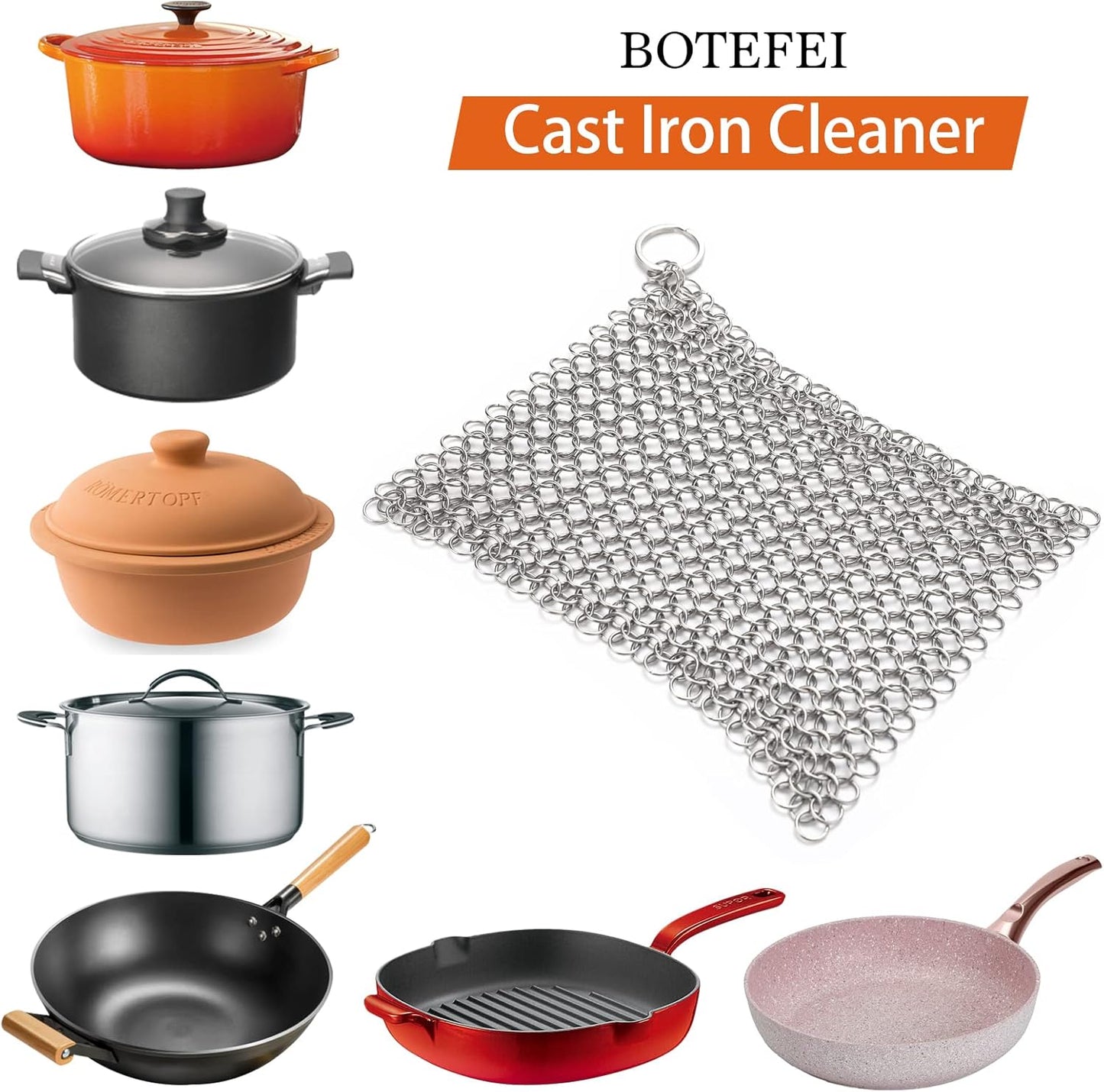 Cast Iron Cleaner 6"x6.3" 316L Stainless Steel Chainmail Scrubber for Griddle Skillet Dutch Oven Wok Stainless Steel Pot Cast Iron Pan Support Dishwasher Cleaning