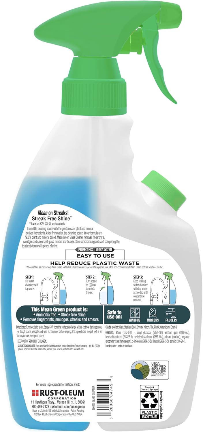 Mean Green Refillable Ultra Powered Glass Cleaner Concentrate, Fresh Scent, 14.3 fl oz (2-Pack) – Plant & Mineral Based, Streak-Free Shine, Refillable Bottle Makes 4X Refills