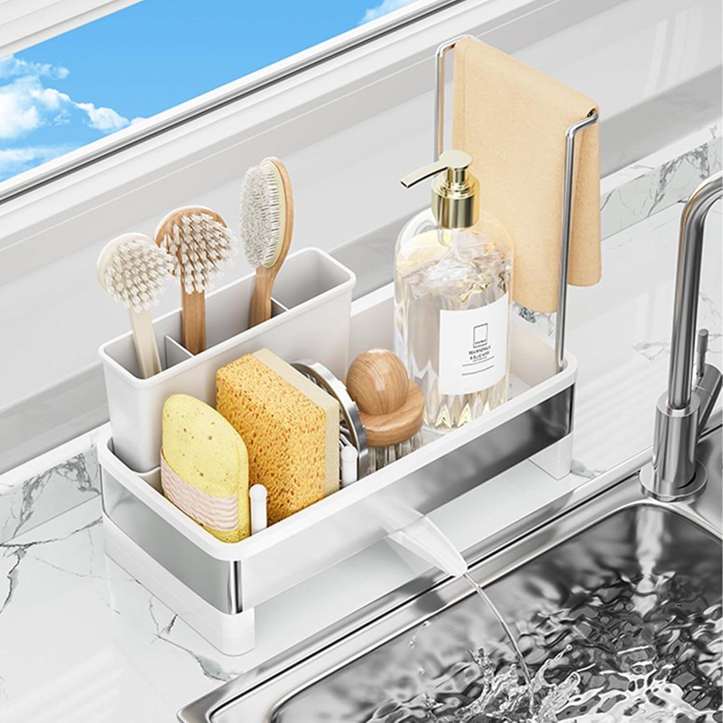 Sponge Holder for Kitchen Sink,Sink Caddy Organizer with Removable Brush Holder,Kitchen Countertop Soap Dispenser Storage with Detachable Towel Rack,Black