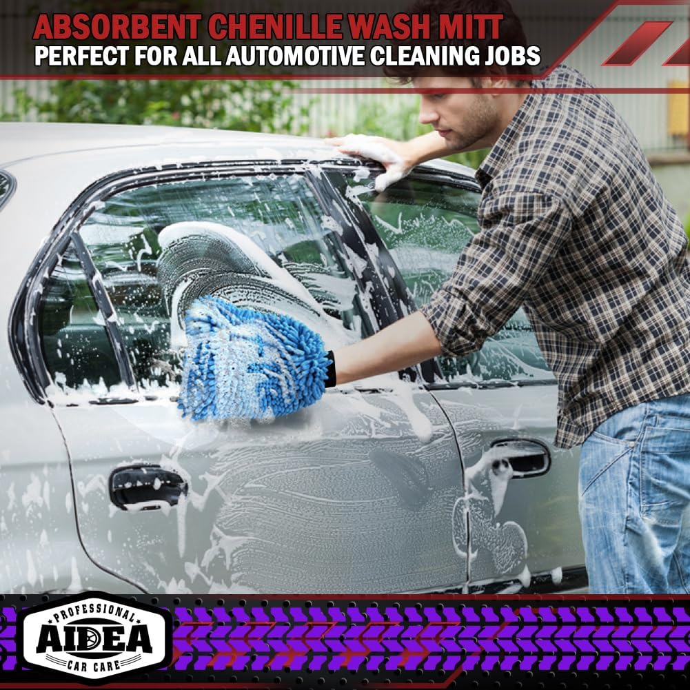 AIDEA Car Wash Mitt Microfiber, 2PK Scratch Free Lint-Free, Premium Chenille Microfiber Mitt Car Wash Brush, Green, Regular Size 7.12''X10.14''