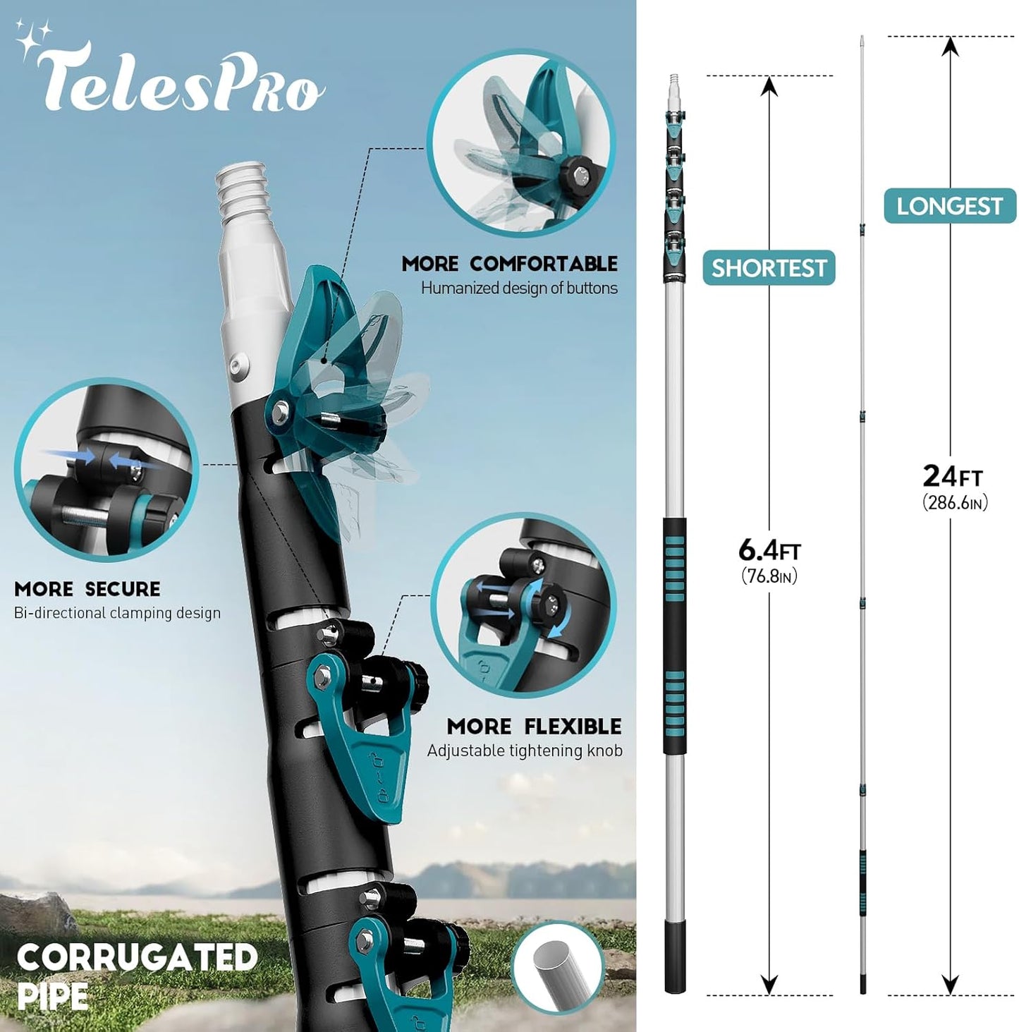 TelesPro 20 Foot High Reach Duster Kit with 5-12FT Extension Pole High Ceiling Dusting and Window Cleaning Kit with Telescopic Pole Window Washer&Squeegee,Cobweb Duster,Fan Duster and Feather Duster