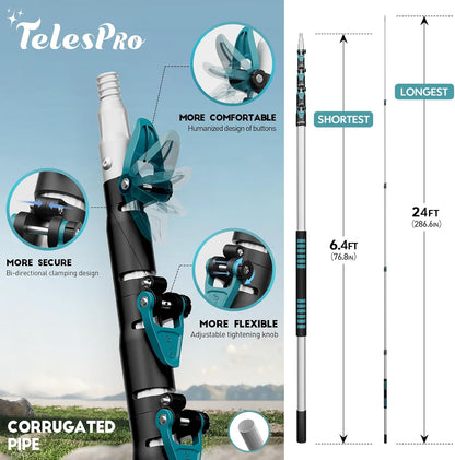 TelesPro 20 Foot High Reach Duster Kit with 5-12FT Extension Pole High Ceiling Dusting and Window Cleaning Kit with Telescopic Pole Window Washer&Squeegee,Cobweb Duster,Fan Duster and Feather Duster
