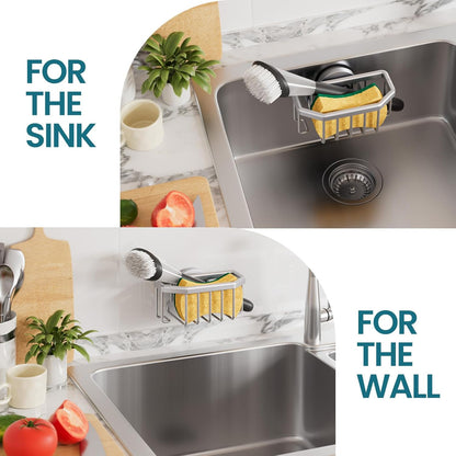 TAILI Sponge Holder for Kitchen Sink with Strong Suction Cup, Rustproof Aluminum Sink Caddy for Sponges, Removable Sponge Holder, Dish Brush for Scraper - Silver