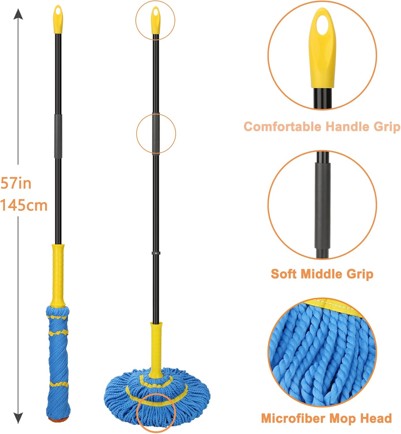 KeFanta Self-Wringing Twist Mop for Floor Cleaning, Long Handled Microfiber Floor Mop with Top Scouring Pad for Kitchen, Hardwood, Restaurant, Bathroom, Garages, Warehouses, Office,57-inch