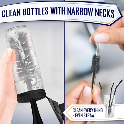 Dish Brush Set of 5 with Holder - Kitchen Scrub Brushes with Non-Slip Long Handle for Cleaning, Scrubber, Dishwashing, Dishes, Bottles, Straws, Cups, Pots & Sink, Black