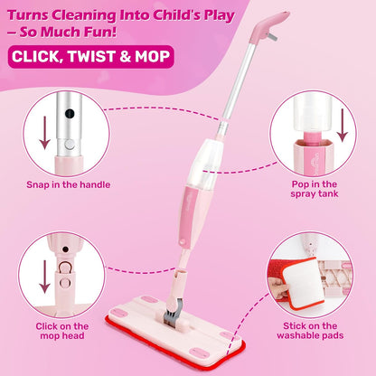 Dreamon Kids Spray Mop - Real Working Toddler Cleaning Set with Water Sprayer & 3 Washable Mop Pads & Scraper, Pretend Play Montessori Housekeeping Toys Gifts for Toddlers Kids Girls Boys(Blue)