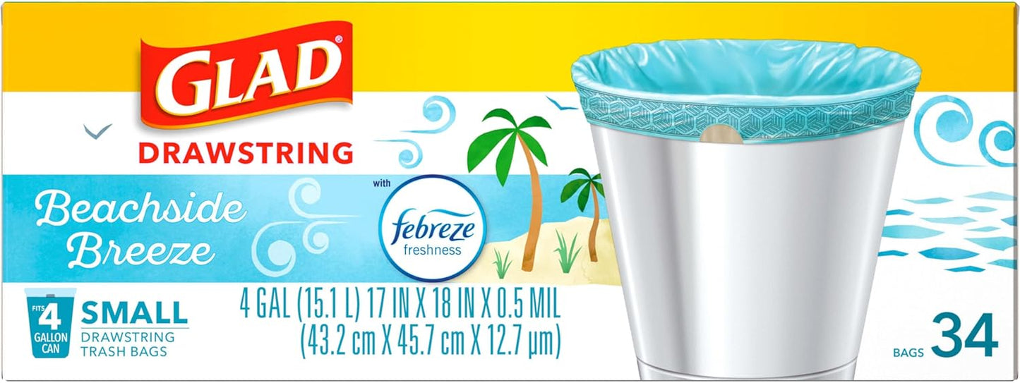 Glad Small Trash Bags 4 Gallon, Febreze Cherry Blossom Garbage Bags, Odor Resistant with Drawstring, 34 Count